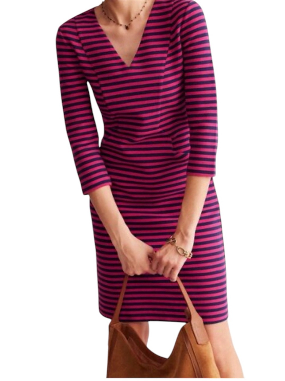 Boden Striped V-Neck Midi Dress in Magenta and Navy Size 4